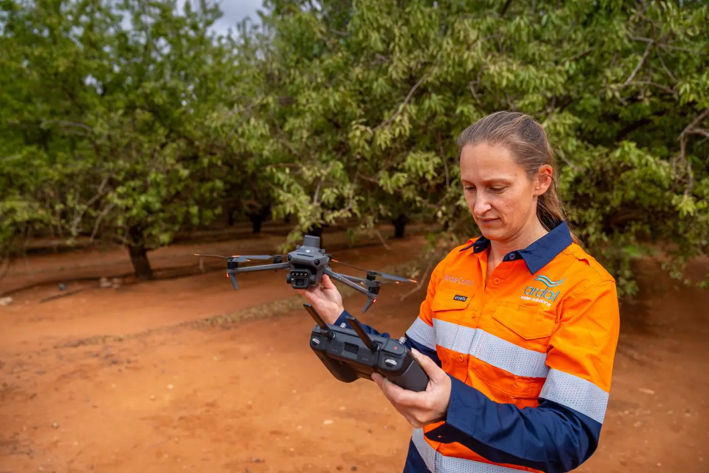 Ardal surveyor holding an RTK drone and controller in an almond orchard